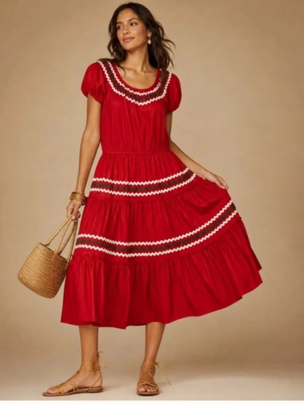 Tory Burch Red Midi Dress with White & green Trim